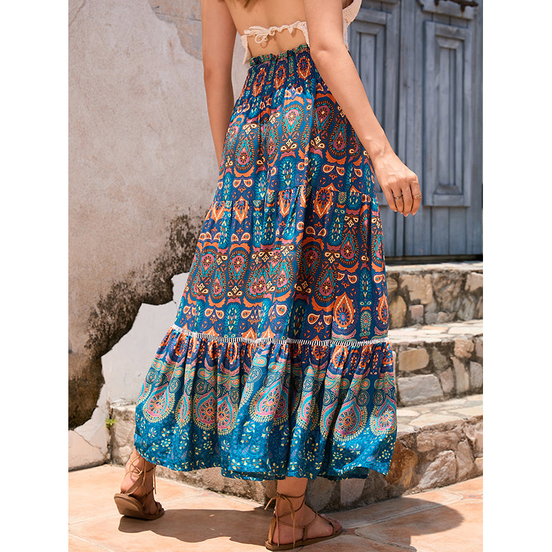 Blue Ethnic Motifs Printed Flared Maxi Skirt