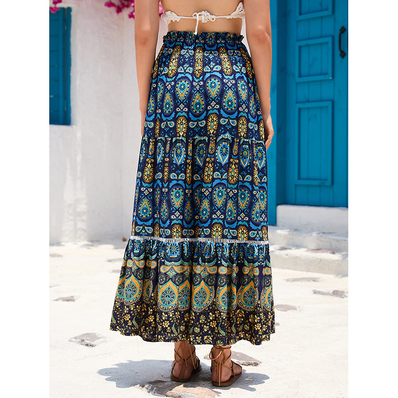 Navy Blue Printed Ethnic Motifs Printed Flared Maxi Skirt