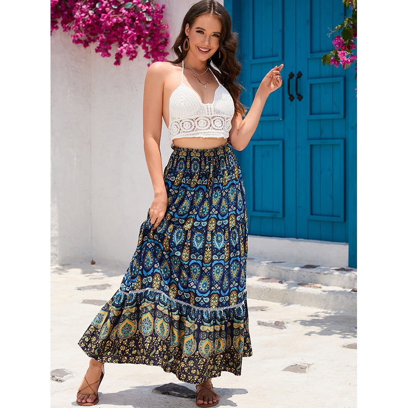 Navy Blue Printed Ethnic Motifs Printed Flared Maxi Skirt