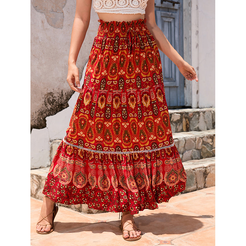 Red Ethnic Motifs Printed Flared Maxi Skirt
