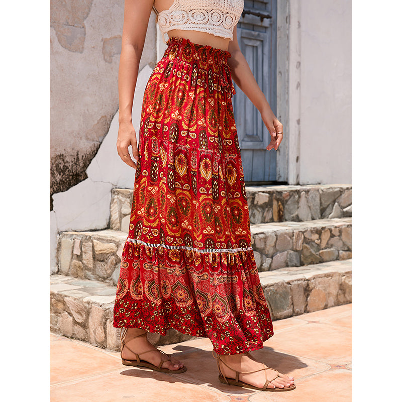 Red Ethnic Motifs Printed Flared Maxi Skirt