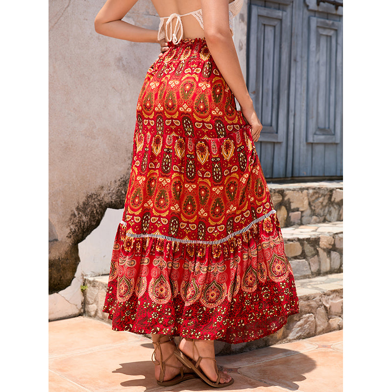 Red Ethnic Motifs Printed Flared Maxi Skirt