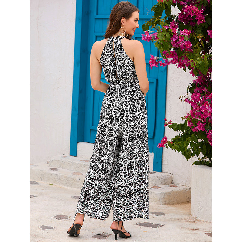 Black & White Halter Neck Printed Basic Jumpsuit