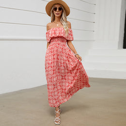 Red Ethnic Motifs Printed Off-Shoulder Smocked Detail Maxi Dress