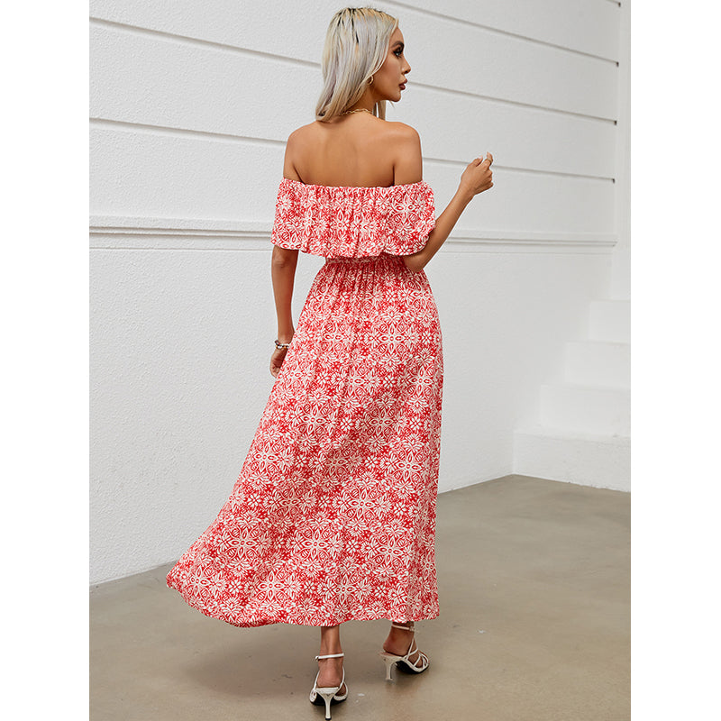 Red Ethnic Motifs Printed Off-Shoulder Smocked Detail Maxi Dress