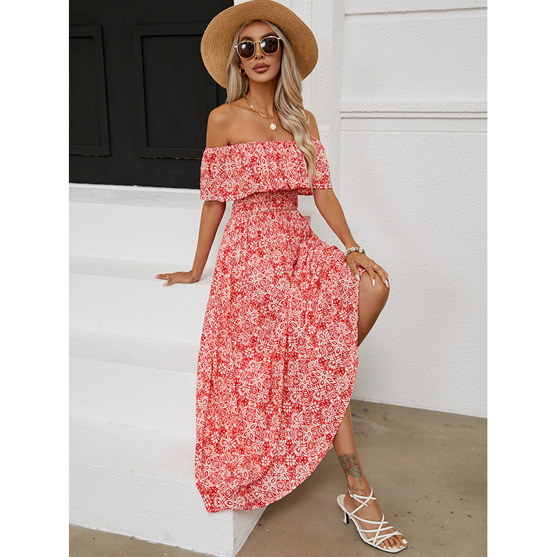 Red Ethnic Motifs Printed Off-Shoulder Smocked Detail Maxi Dress