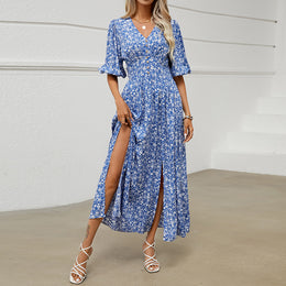 Blue & persian violet Floral Print Puff Sleeve Maxi Dress