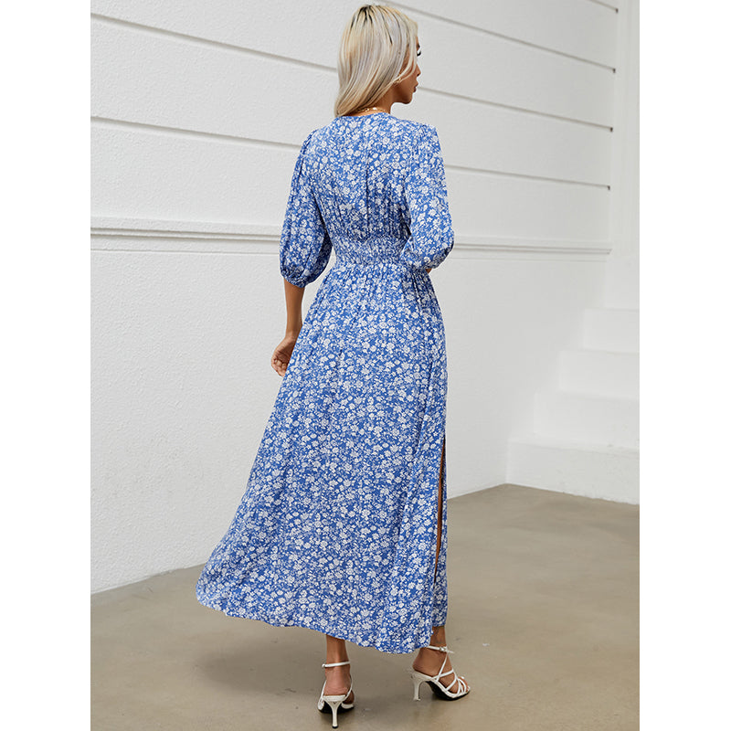 Blue & persian violet Floral Print Puff Sleeve Maxi Dress