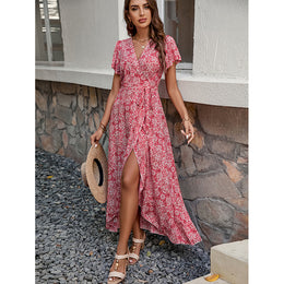 Floral Printed Flared Sleeves A-Line Maxi Dress