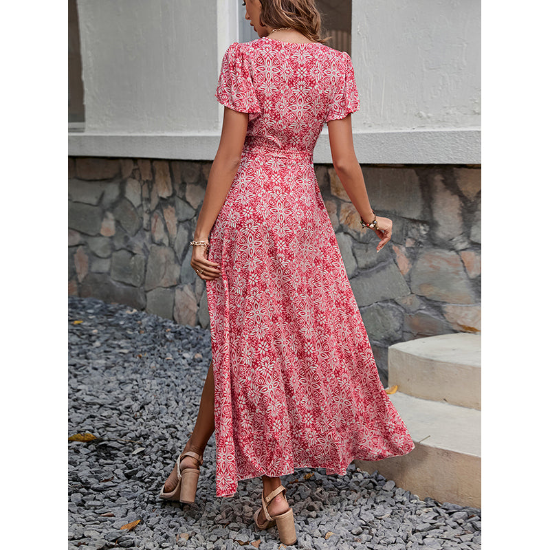 Floral Printed Flared Sleeves A-Line Maxi Dress
