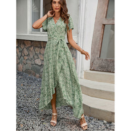 Floral Print V-Neck Flared Sleeves Fit & Flare Dress