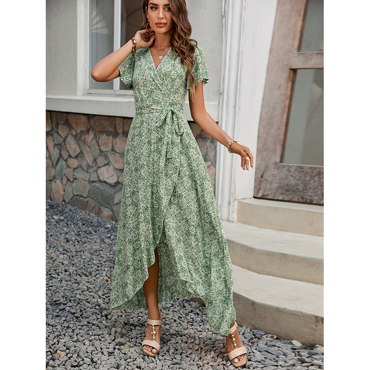 Floral Print V-Neck Flared Sleeves Fit & Flare Dress