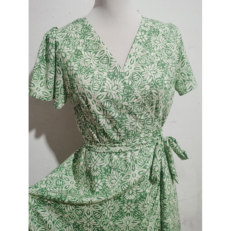 Floral Print V-Neck Flared Sleeves Fit & Flare Dress