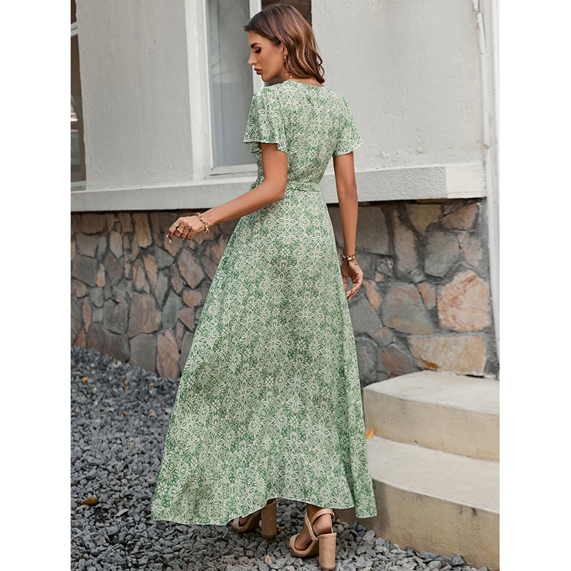 Floral Print V-Neck Flared Sleeves Fit & Flare Dress