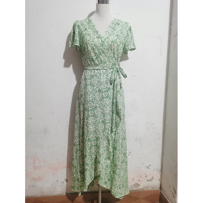 Floral Print V-Neck Flared Sleeves Fit & Flare Dress
