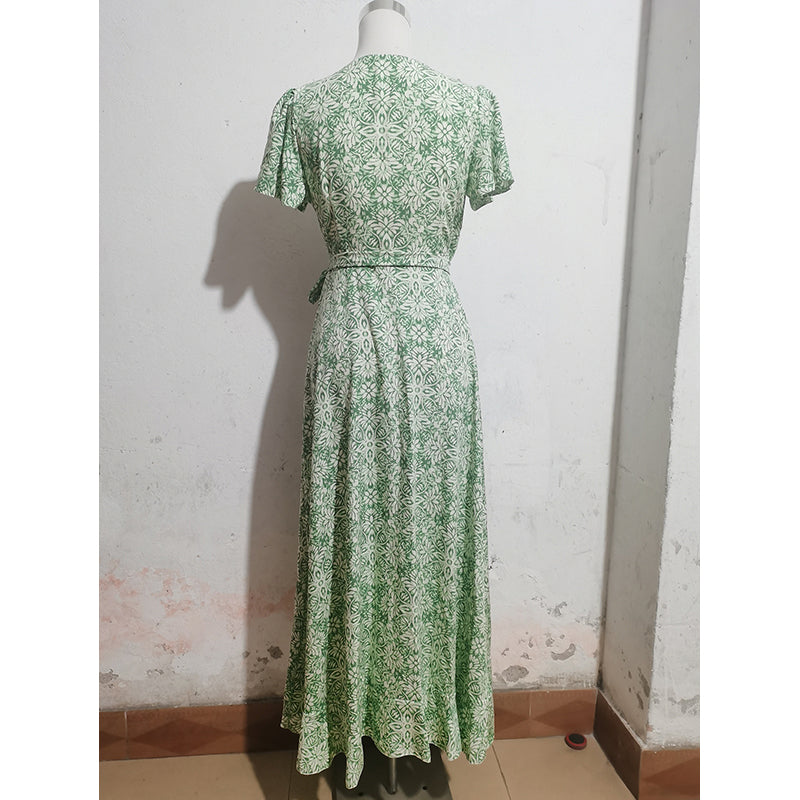 Floral Print V-Neck Flared Sleeves Fit & Flare Dress