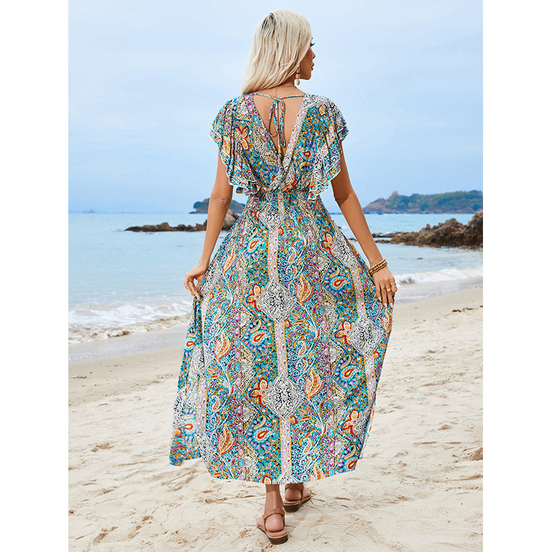 Floral Print Flutter Sleeve Maxi Dress