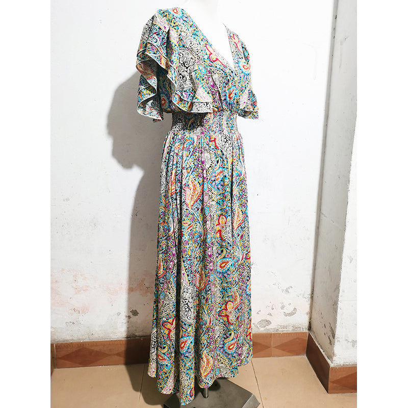 Floral Print Flutter Sleeve Maxi Dress