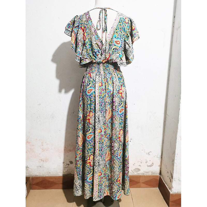 Floral Print Flutter Sleeve Maxi Dress