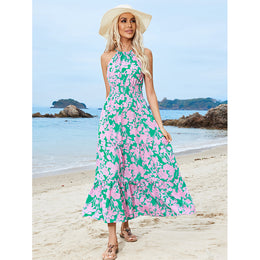 Floral Printed Halter Neck Gathered Detailed Fit & Flare Midi Dress