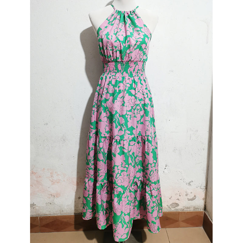 Floral Printed Halter Neck Gathered Detailed Fit & Flare Midi Dress