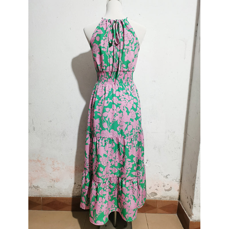 Floral Printed Halter Neck Gathered Detailed Fit & Flare Midi Dress
