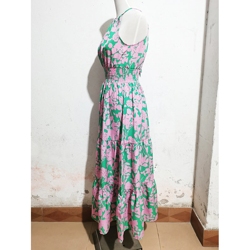 Floral Printed Halter Neck Gathered Detailed Fit & Flare Midi Dress