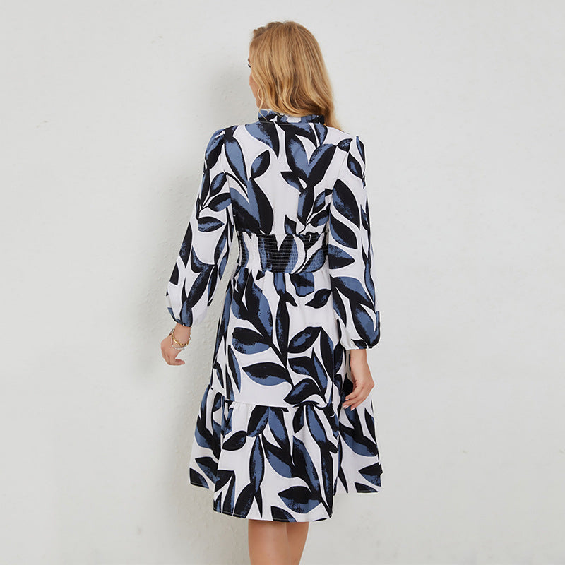 White Abstract Printed Mandarin Collar Puff Sleeve Fit & Flare Midi Dress