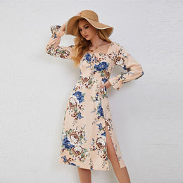 Beige Floral Printed Tie-Up Neck Bell Sleeves A-Line Midi Dress