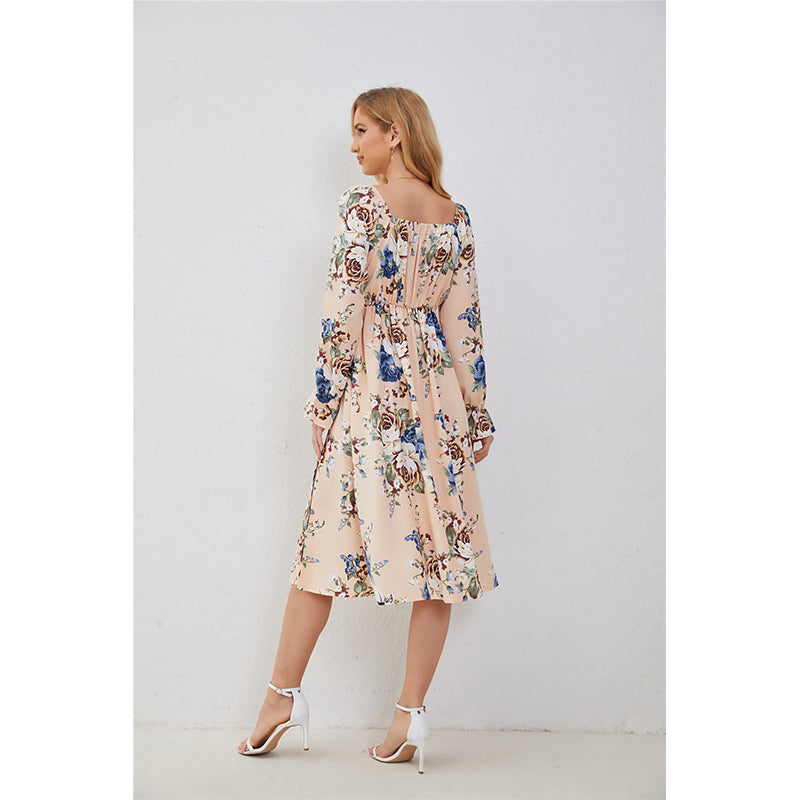 Beige Floral Printed Tie-Up Neck Bell Sleeves A-Line Midi Dress