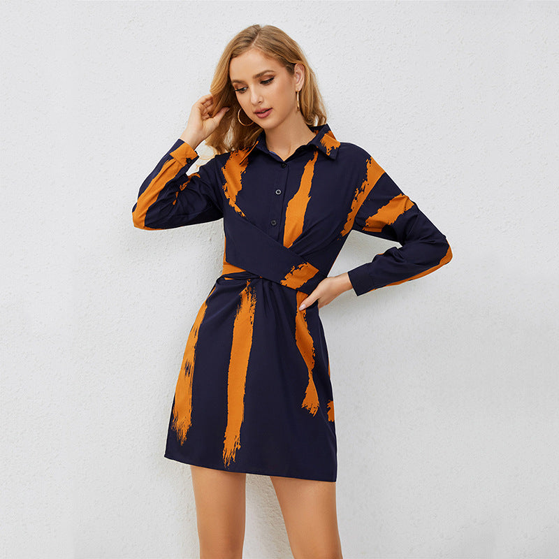 Navy Blue Striped Shirt Style Mini Dress