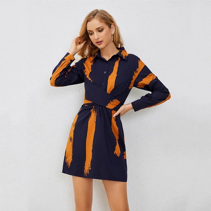 Navy Blue Striped Shirt Style Mini Dress