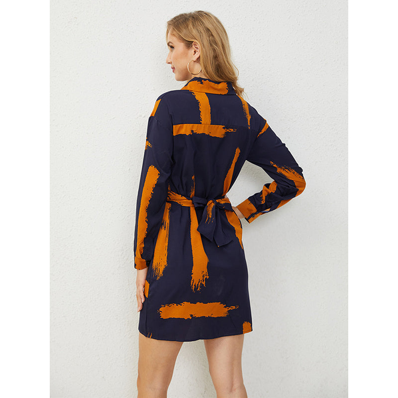 Navy Blue Striped Shirt Style Mini Dress