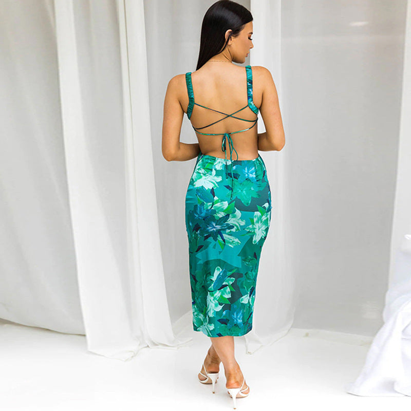 Green & White Floral Printed Bodycon Midi Dress