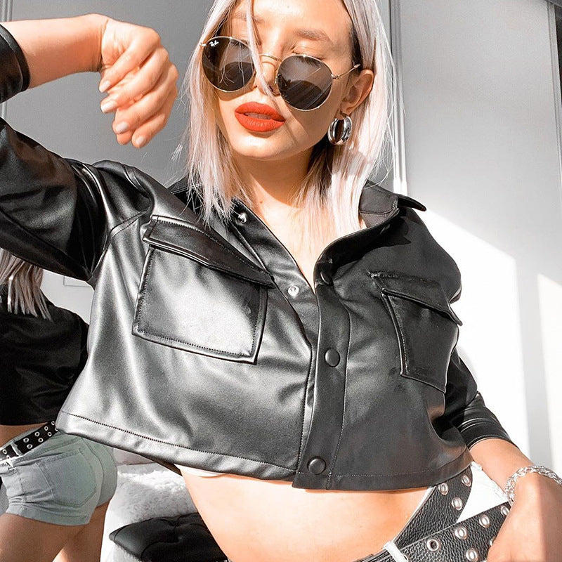 Black Spread Collar Crop Leather Jacket