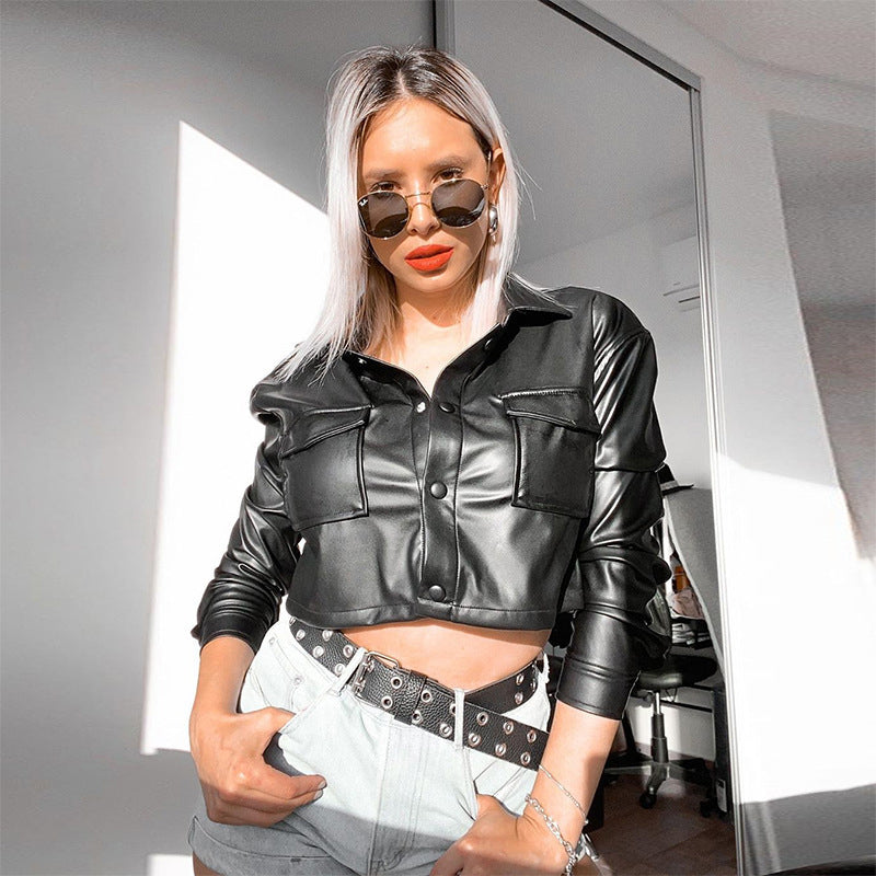 Black Spread Collar Crop Leather Jacket