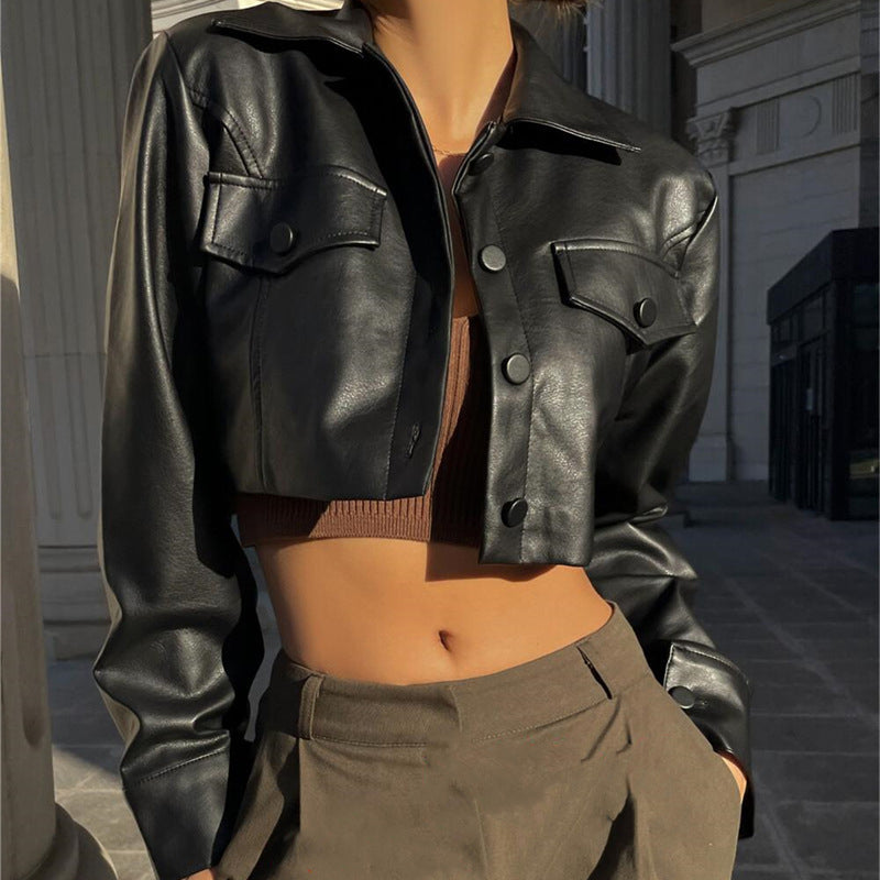 Black Crop Leather Biker Jacket