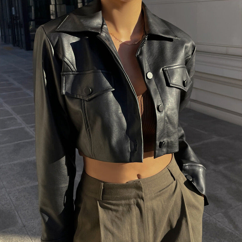 Black Crop Leather Biker Jacket