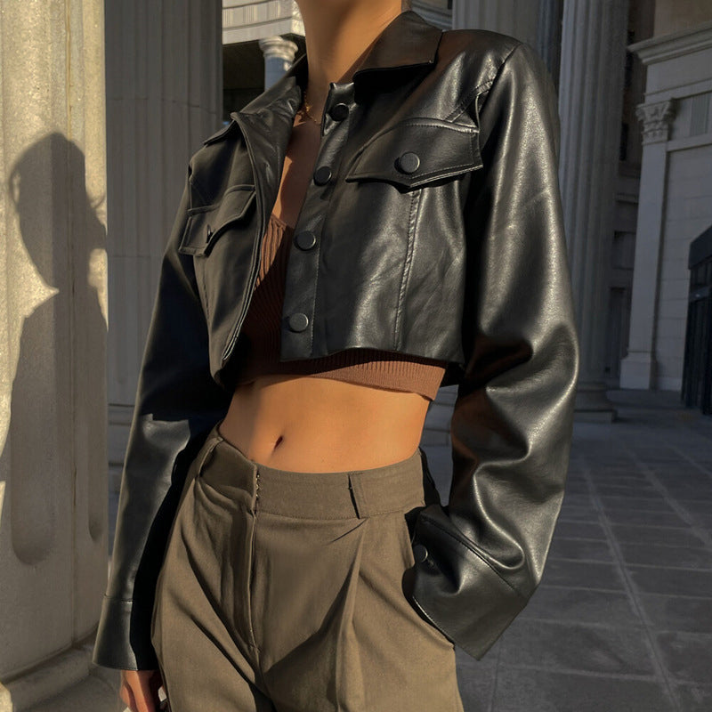 Black Crop Leather Biker Jacket