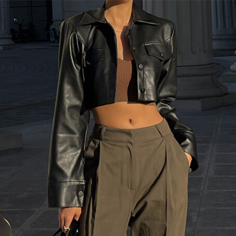 Black Crop Leather Biker Jacket