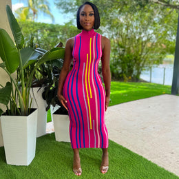 Pink Striped High Neck Bodycon Midi Dress