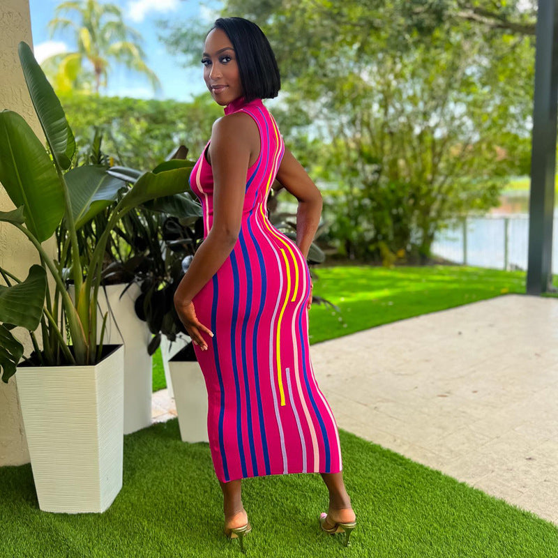 Pink Striped High Neck Bodycon Midi Dress