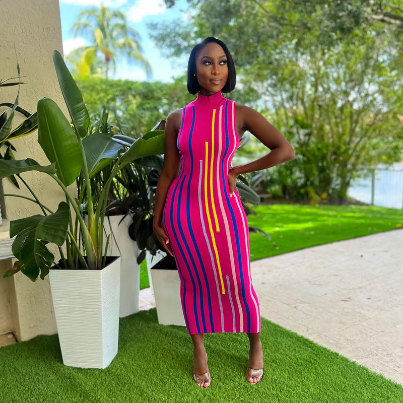 Pink Striped High Neck Bodycon Midi Dress