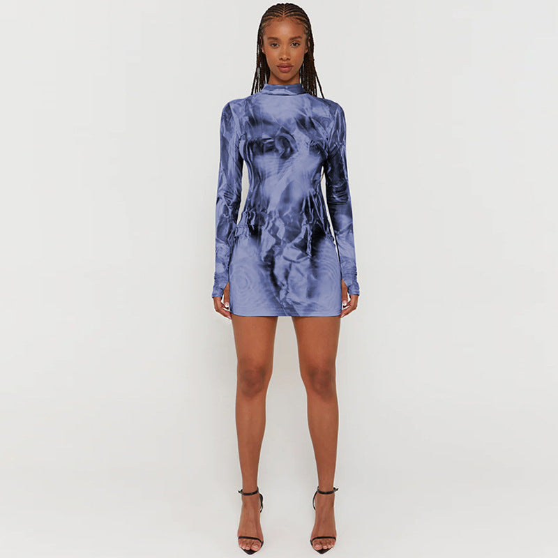 Blue Abstract Printed High Neck Bodycon Dress