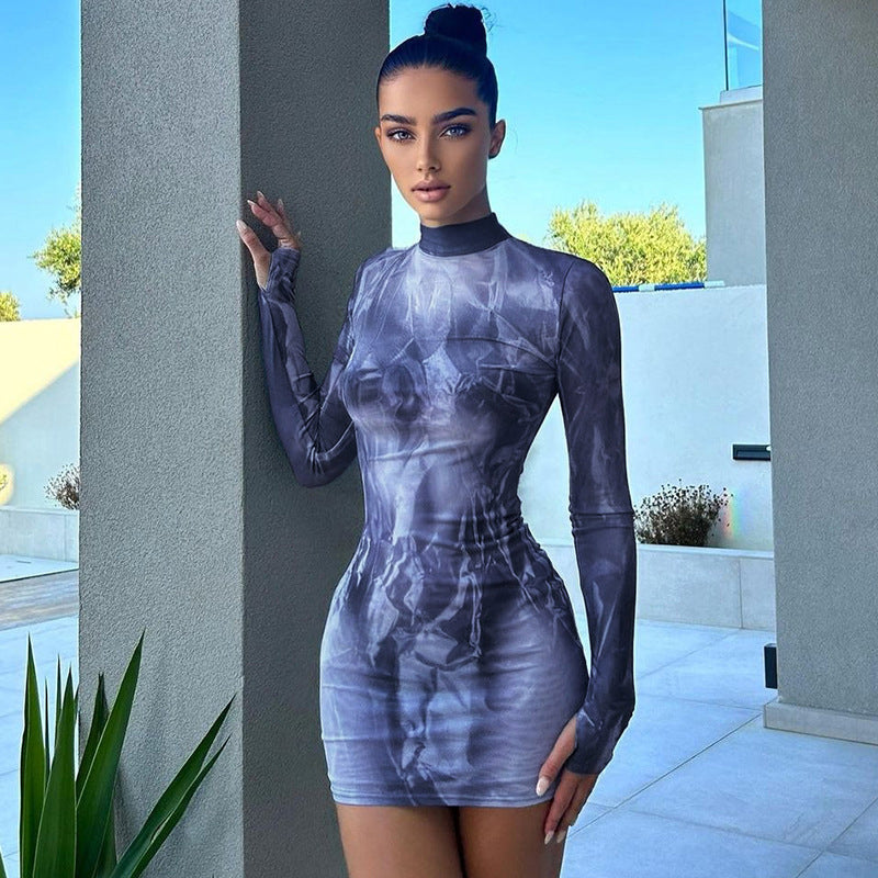 Blue Abstract Printed High Neck Bodycon Dress