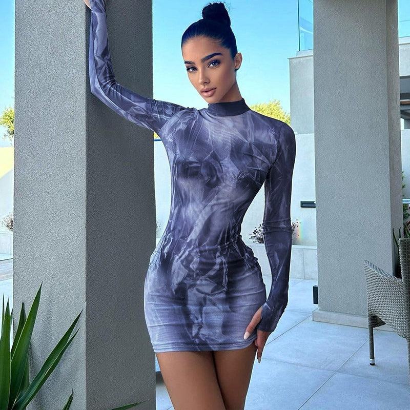 Blue Abstract Printed High Neck Bodycon Dress