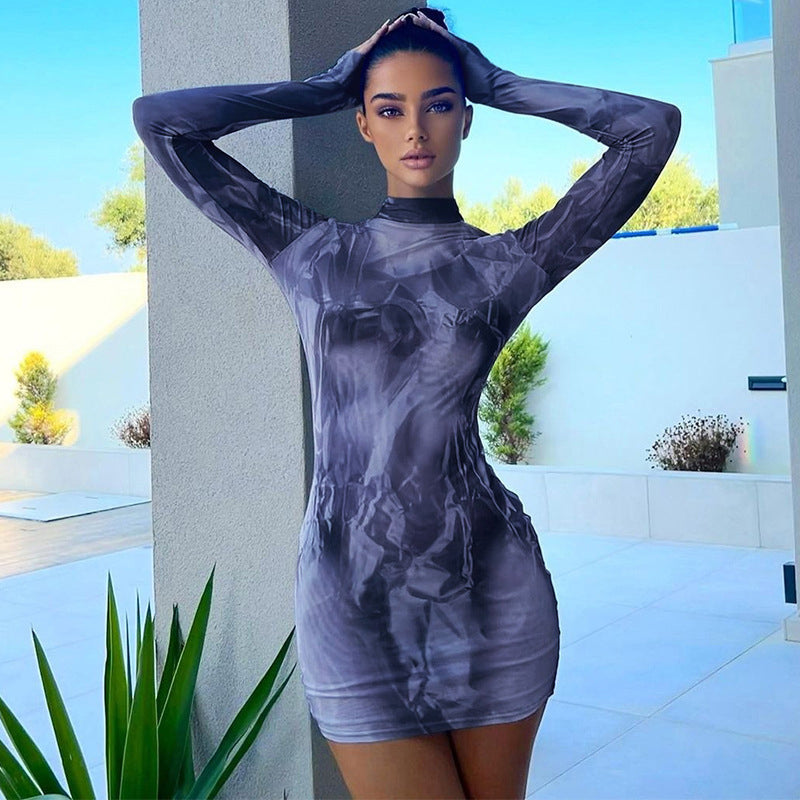 Blue Abstract Printed High Neck Bodycon Dress