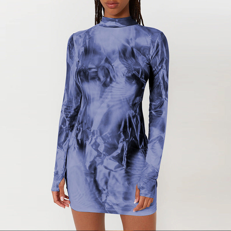 Blue Abstract Printed High Neck Bodycon Dress