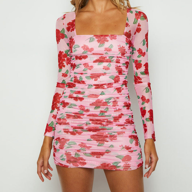 Pink Floral Printed Sheath Mini Dress