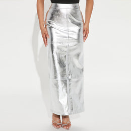 Silver Toned Pencil Midi Skirt